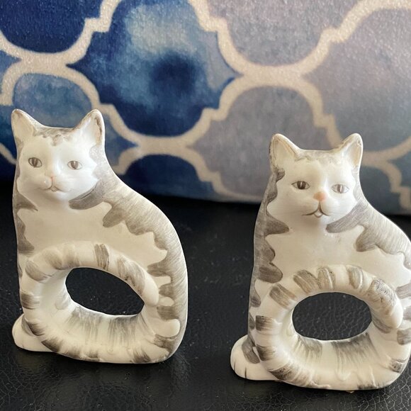 Mary Lake Thompson for Silvestri Porcelain Cat Napkin Rings Holders Set of Two - Picture 1 of 12